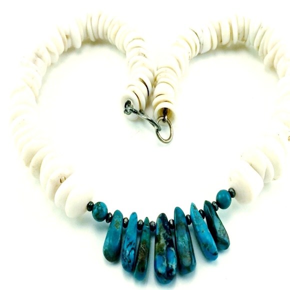 HUGE 70'S PUKA SHELL TUQUOISE STERLING NECKLACE - Picture 1 of 7